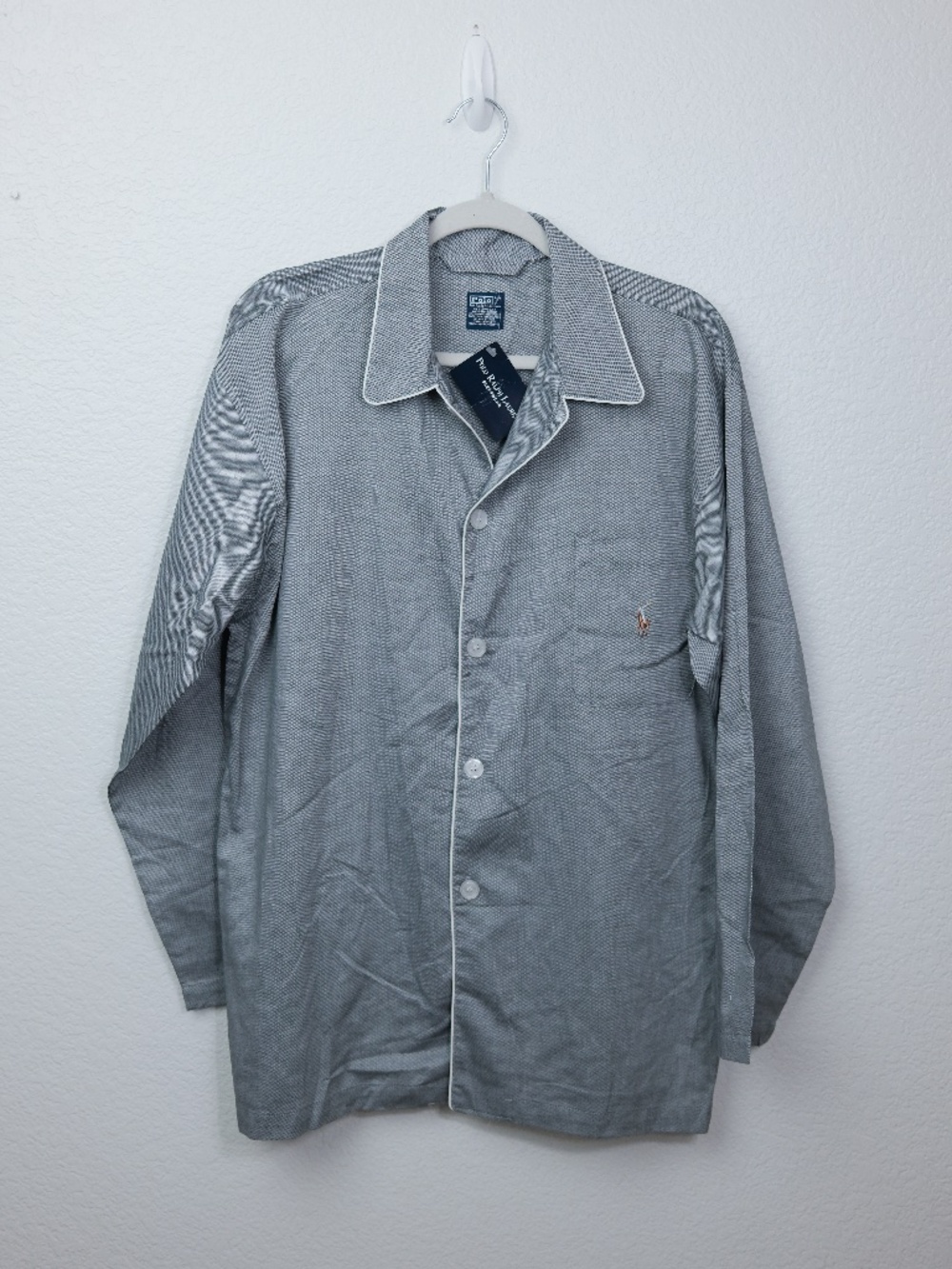 NWT POLO Ralph Lauren Mens Sleepwear Pajama Top Shirt Grey White Piping Size S/M